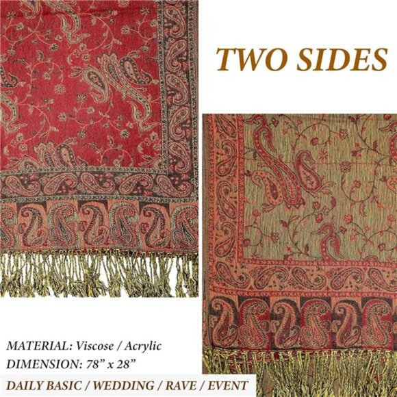 Soft Silky Reversible Paisley Pashmina Shawl Wrap Scarf w/Fringes - Picture 5 of 7